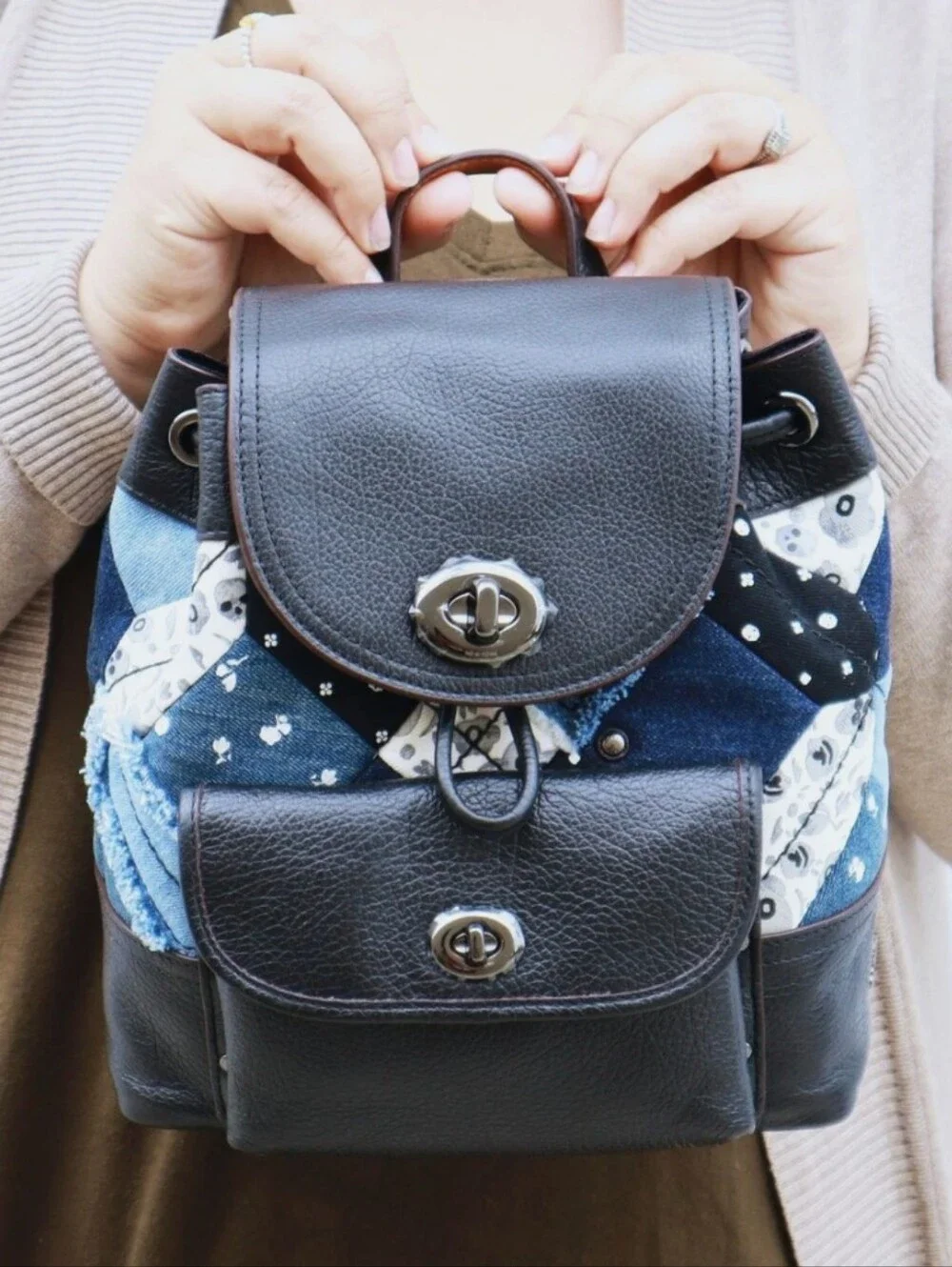 Rare Coach Black Leather & Blue Patchwork Mini Backpack